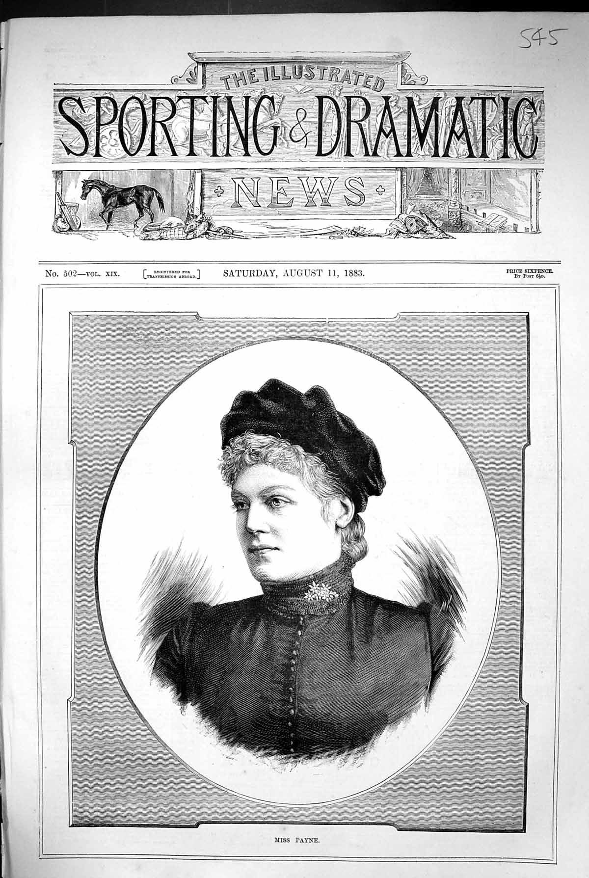 Original Old Antique Print 1883 Portrait Miss Payne Beautiful Woman Victorian