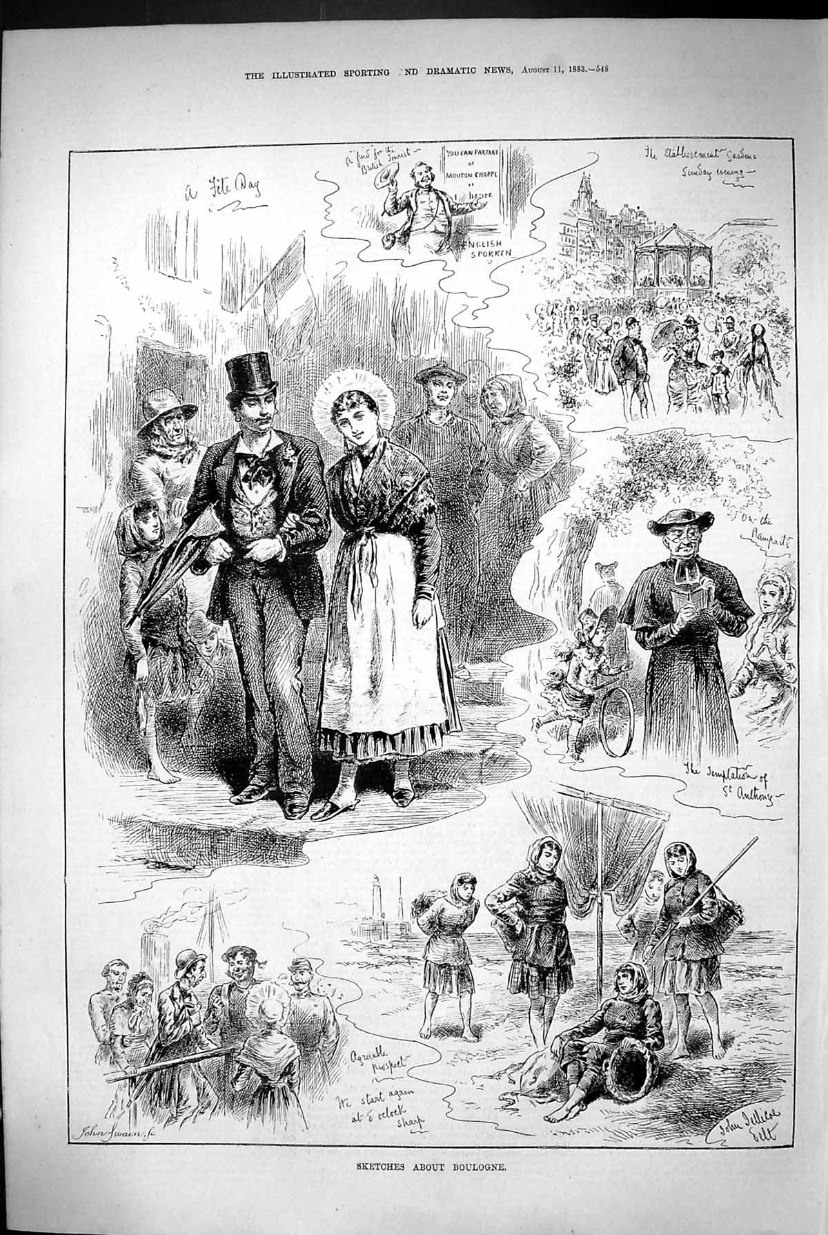 Original Old Antique Print 1883 Boulogne France Fete Beach Scene Swain 19th