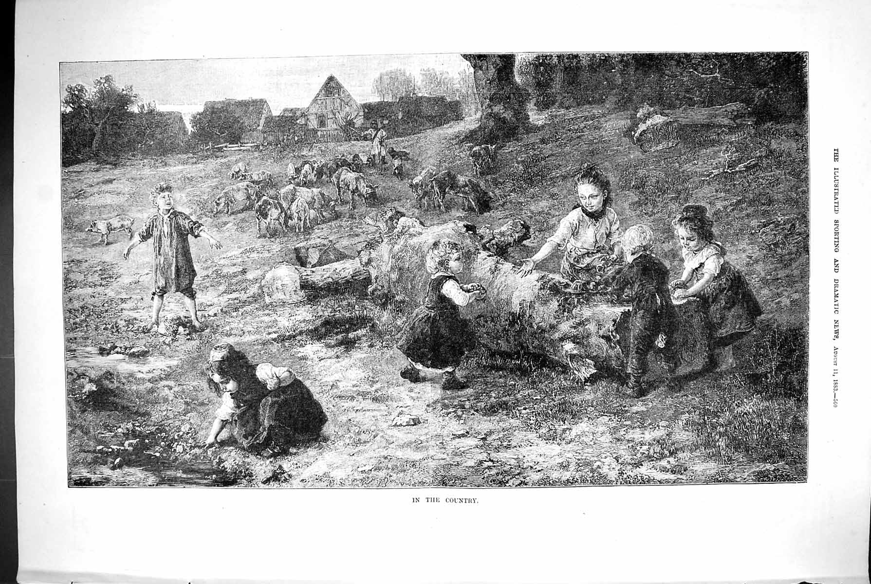Old Antique Print 1883 Country Scene Children Farm Animals Pigs Antuque 19th