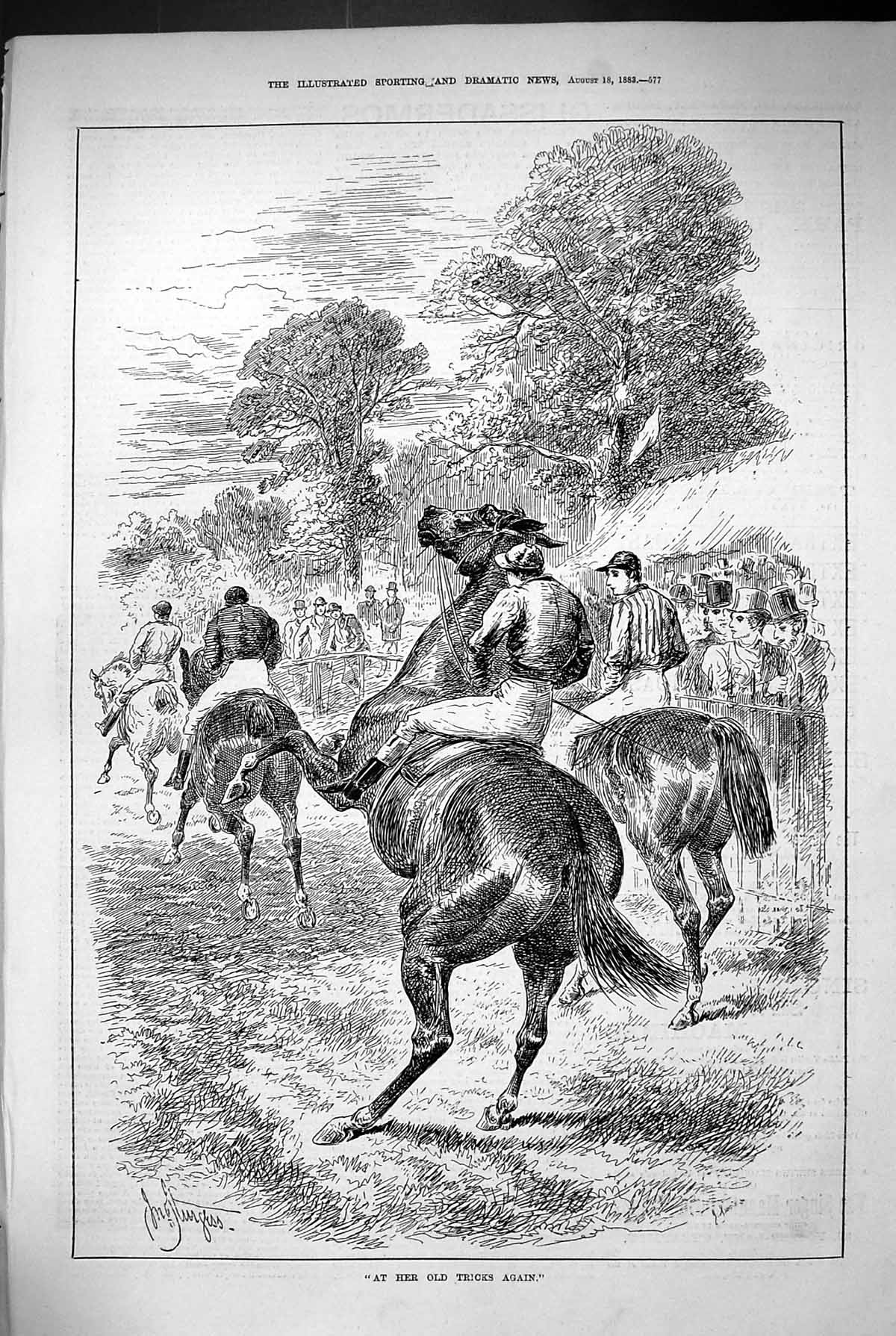 Original Old Antique Print 1883 Rearing Horse Racing Jockeys Sport Spectators