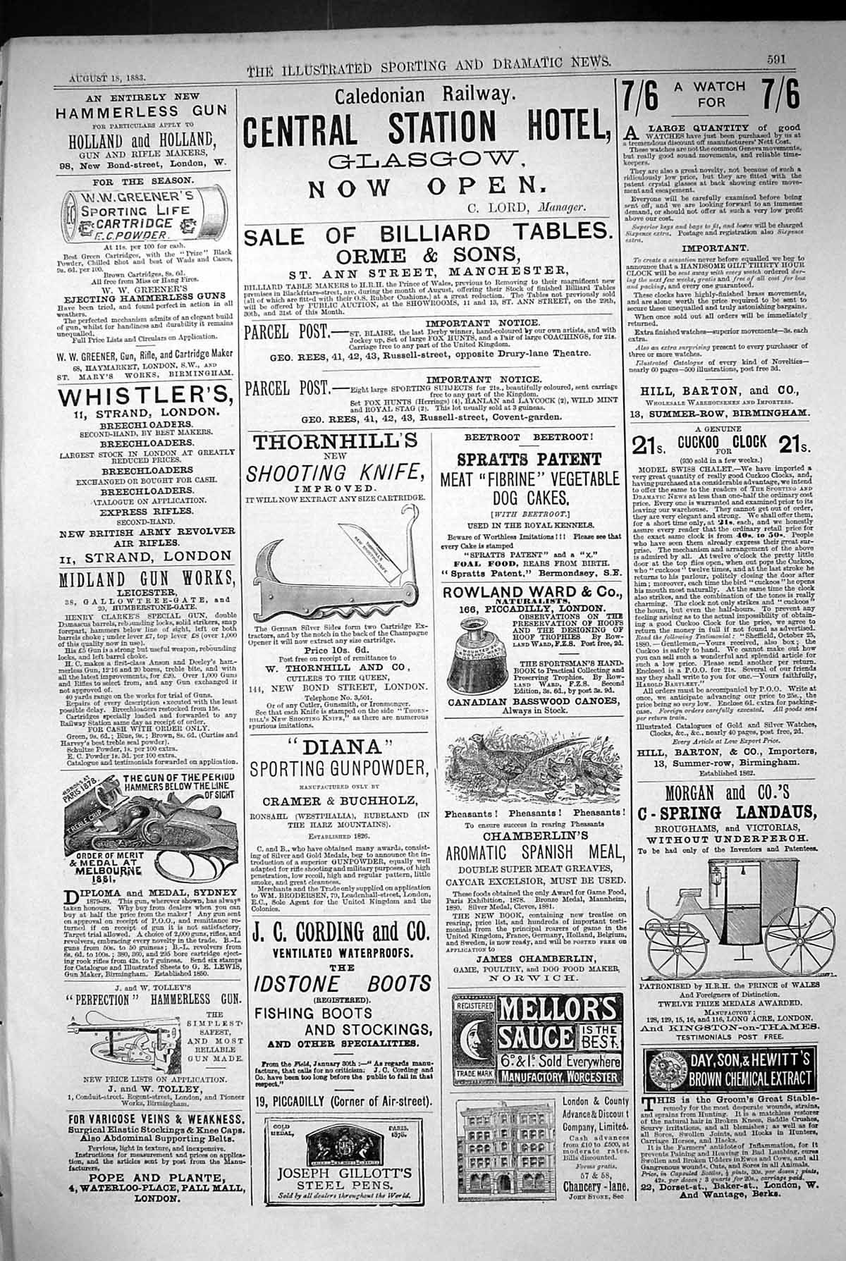 Old 1883 Advertisement Caledonian Railway Cording Hammerless Gun Cuck Victorian
