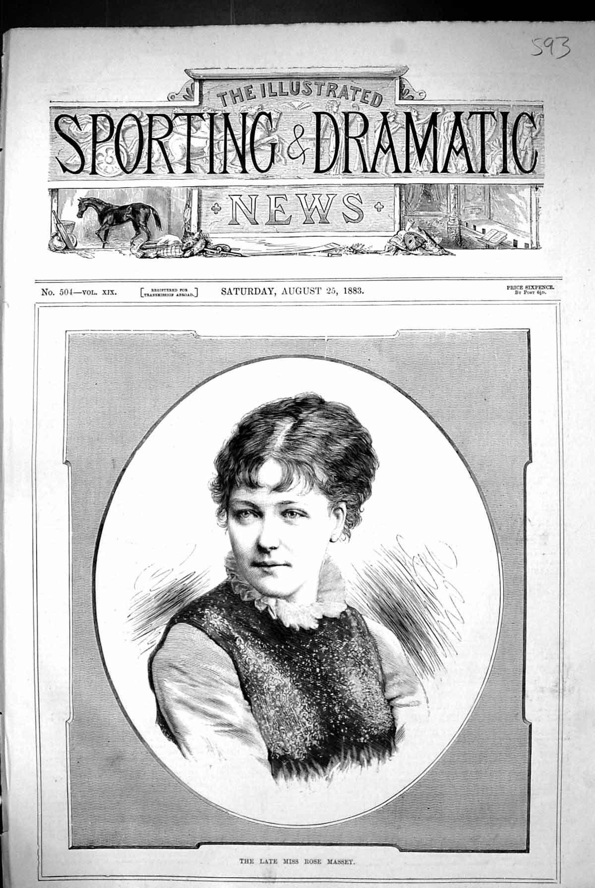 Original Old Antique Print 1883 Portrait Miss Rose Massey Beautiful Woman 19th