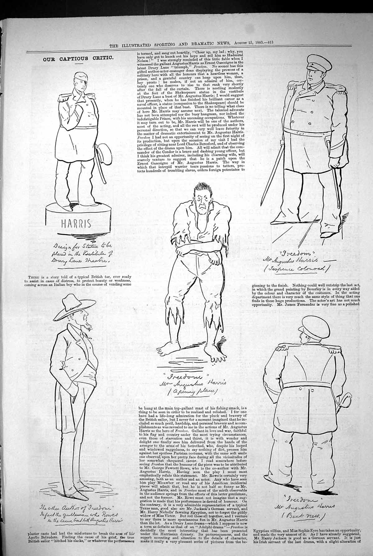 Original Old Antique Print 1883 Captious Critic Theatre Harris Author Freedom