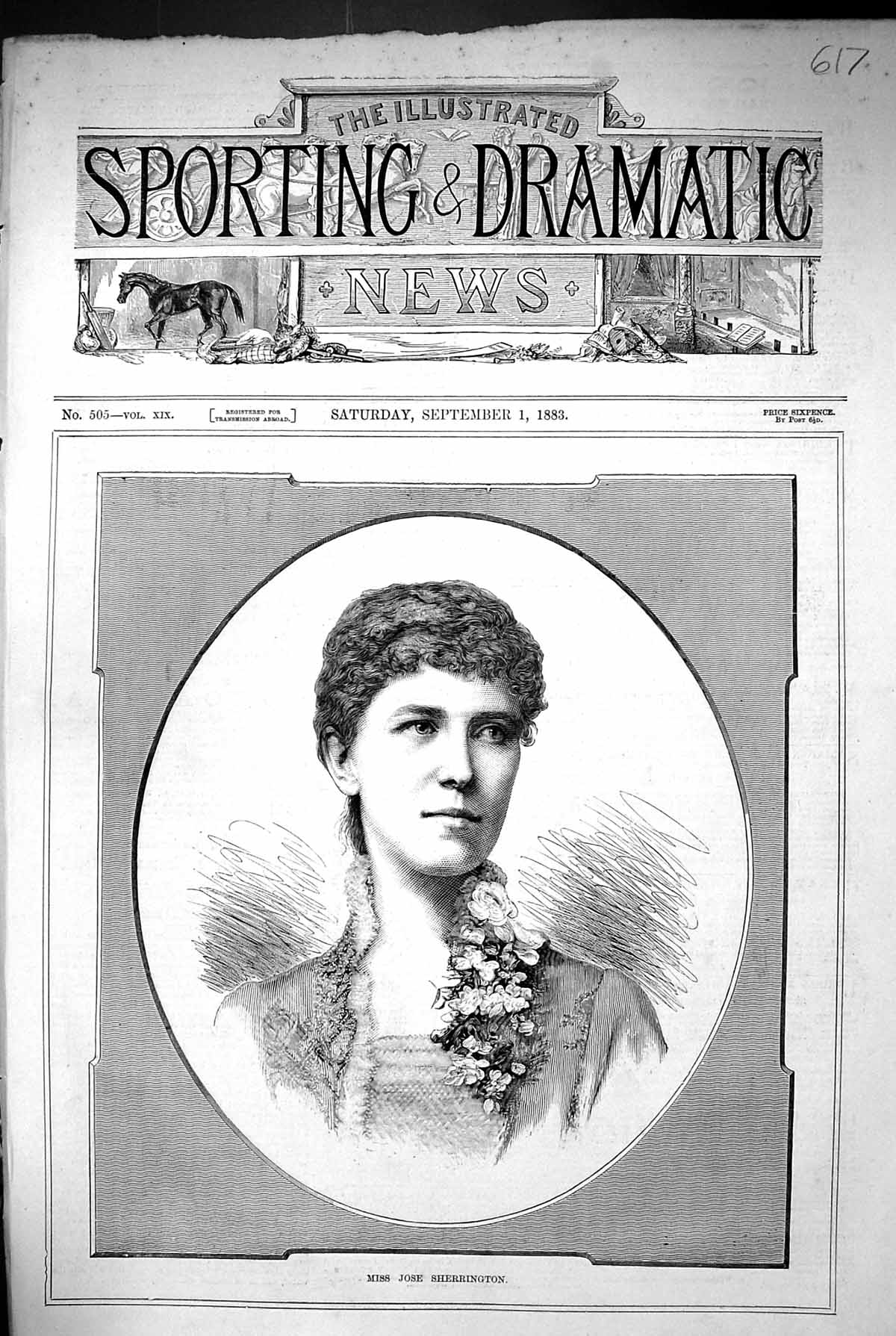 Original Old Antique Print 1883 Portrait Miss Jose Sherrington Beautiful Woman