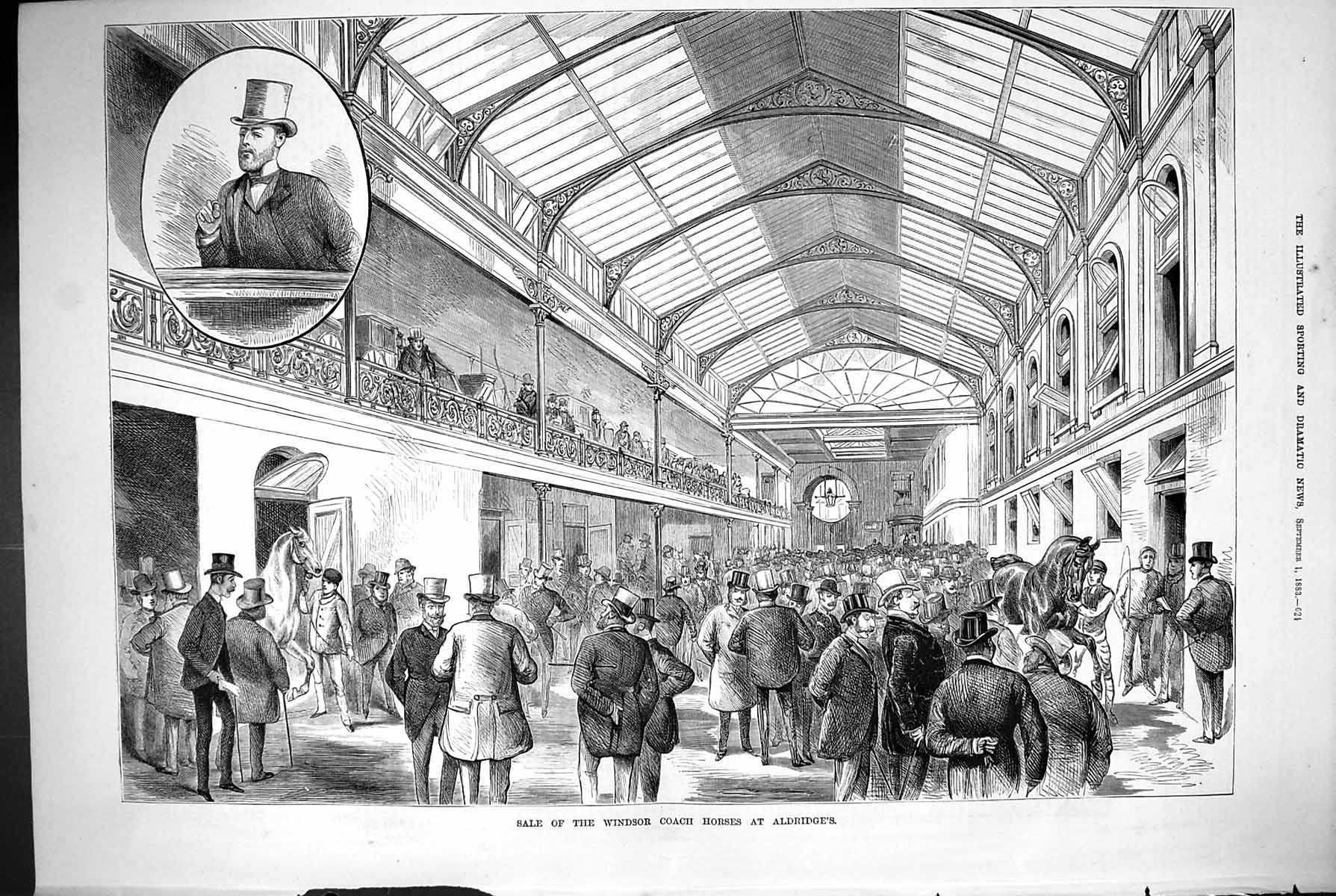 Original Old Antique Print 1883 Sauction Ale Windsor Coach Horses Aldridges
