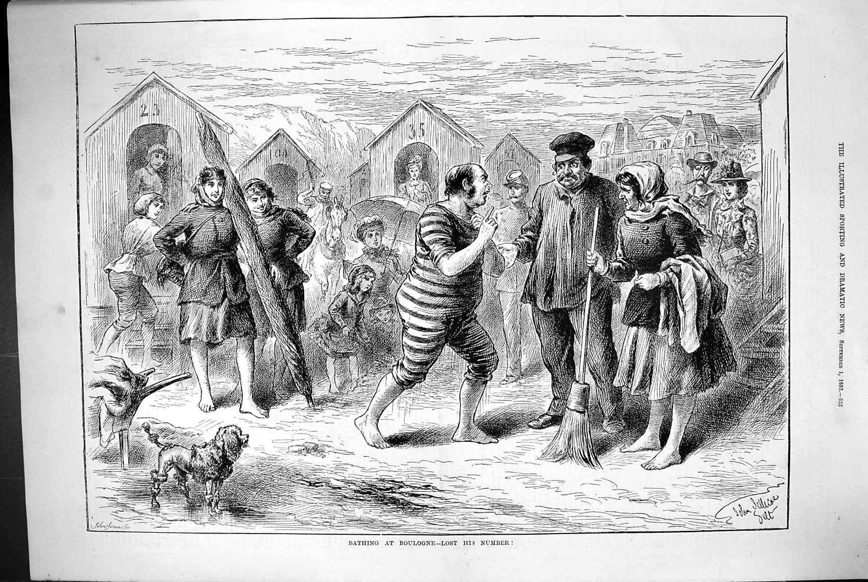 Antique Old Print 1883 Bathing Boulogne France Beach Huts Sea Scene Jellicoe