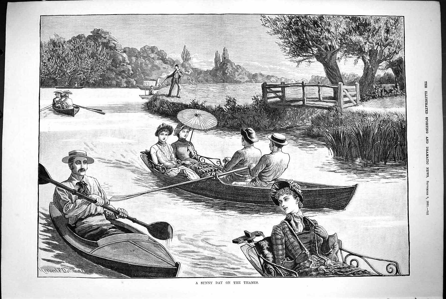 Antique Old Print 1883 Sunny Day River Thames London Boats Romance Dollman 19th