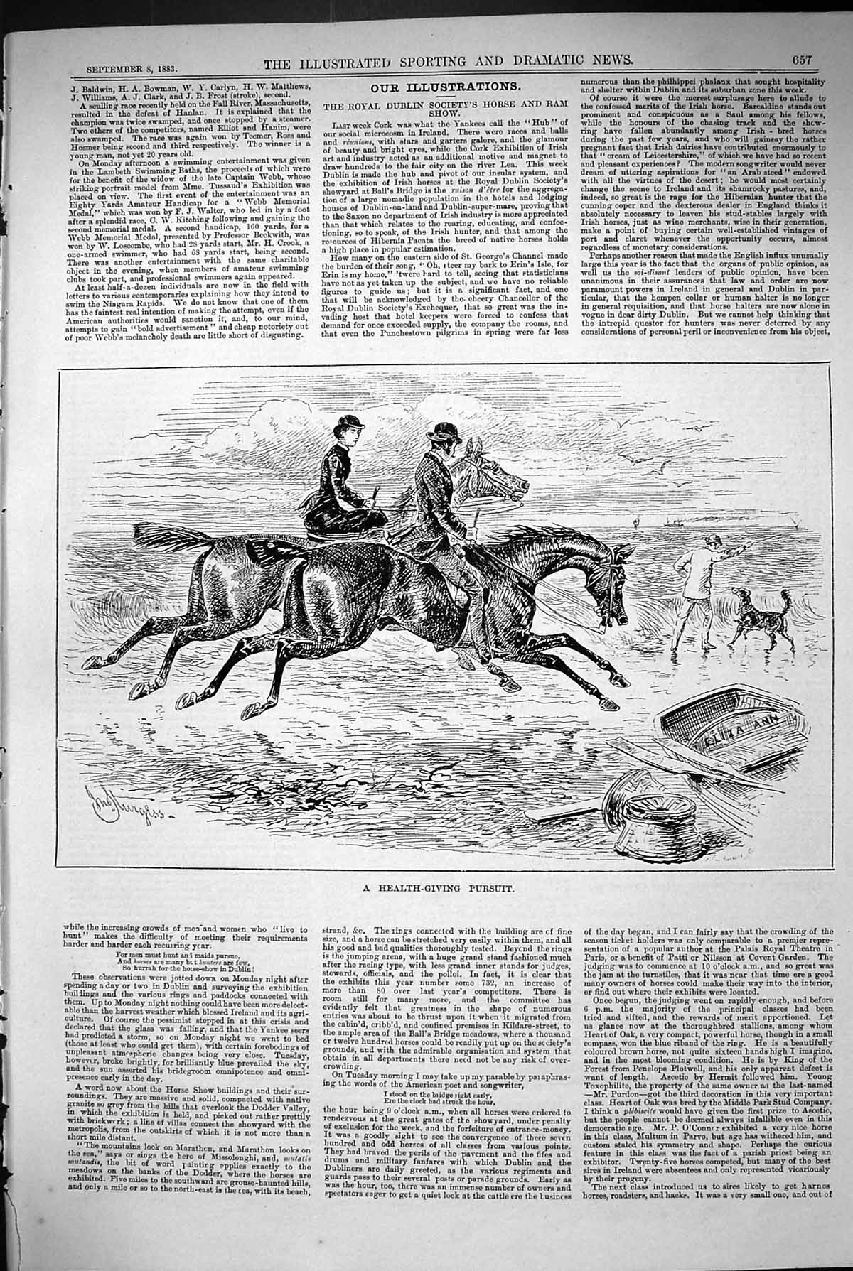 Old Print 1883 Health-Giving Pursuit Horses Man Lady Beach Scene Man Dog 19th