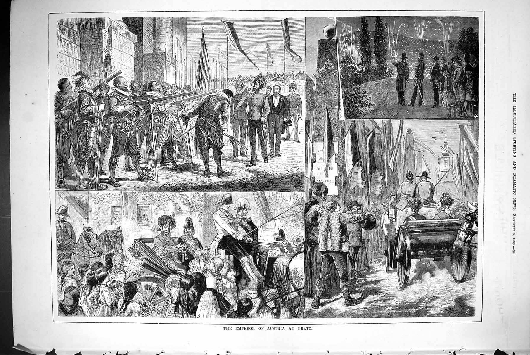 Original Old Antique Print 1883 Emperor Austria Gratz Celebration Victorian