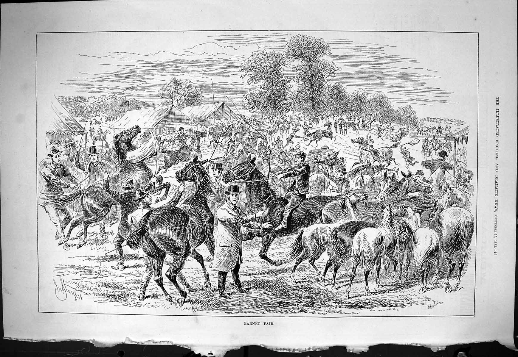 Original Old Antique Print Sporting Dramatic News 1883 Barnet Fair Horses 19th