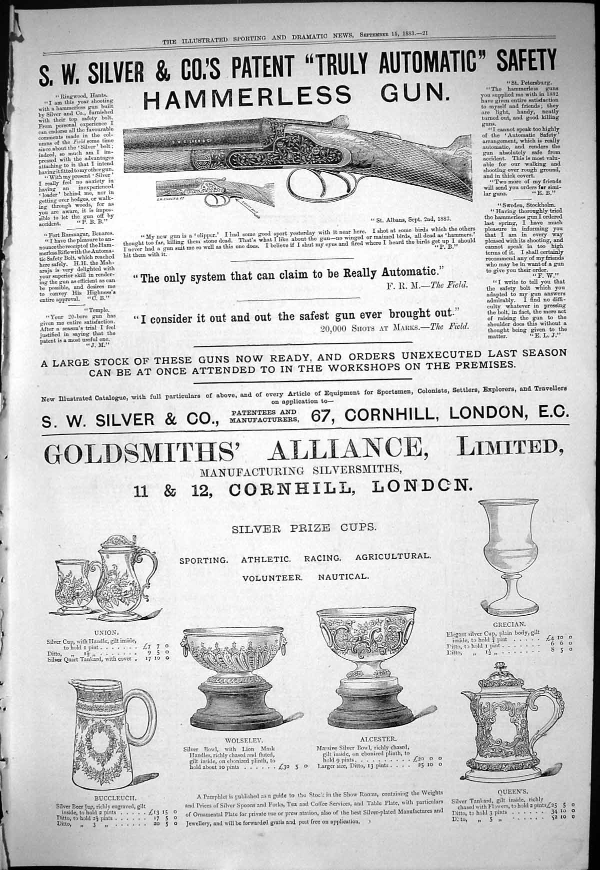 Antique Old Print Sporting Dramatic News 1883 Silver Hammerless Gun Gsmith 19th