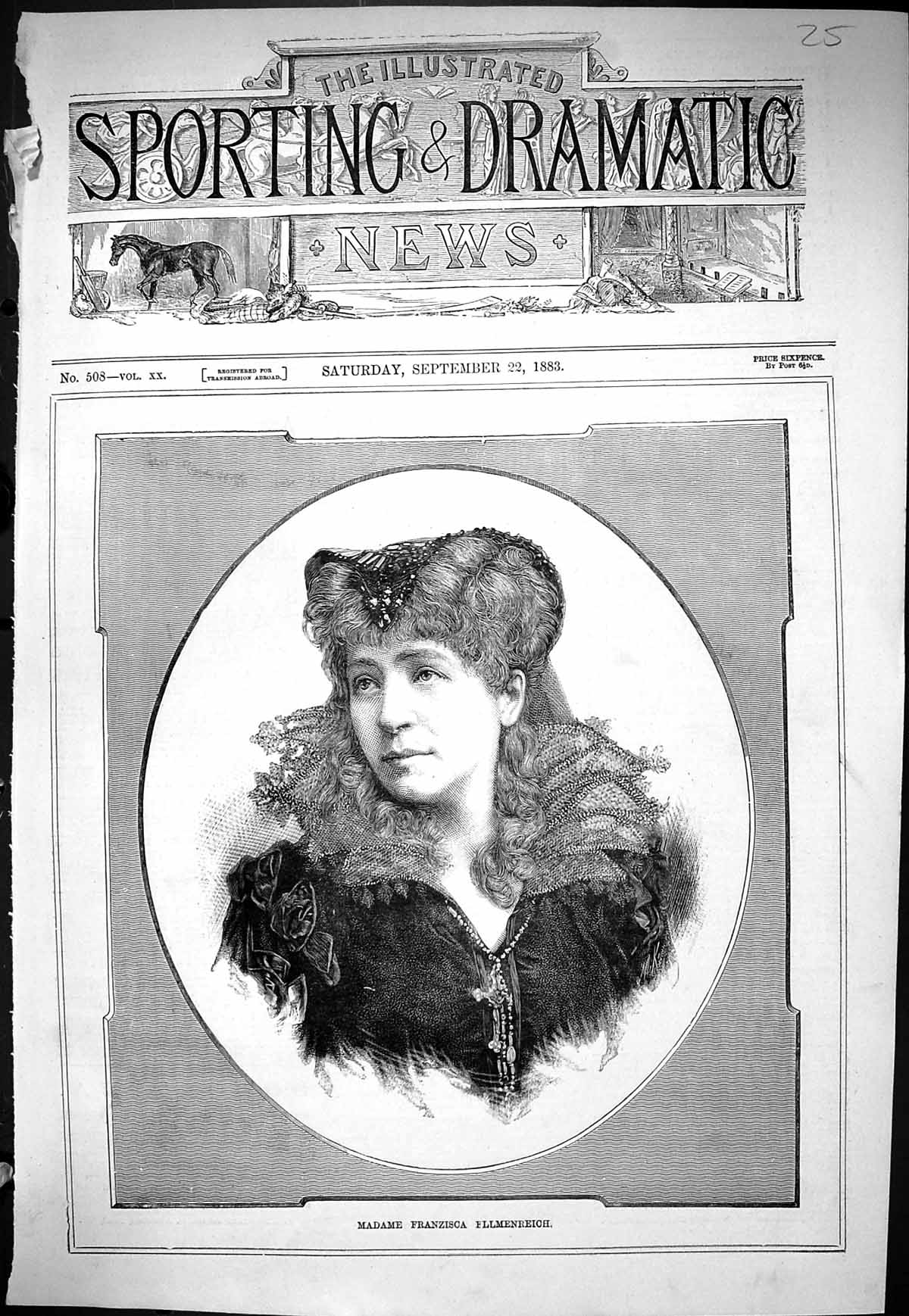 Antique Old Print Sporting Dramatic News 1883 Madame Franzisca Ellmenreich 19th