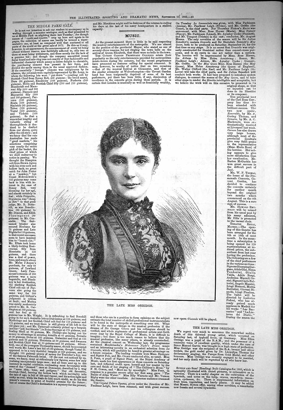 Old Print Sporting Dramatic News 1883 Portrait Miss Ellen Orridge Artist 19th