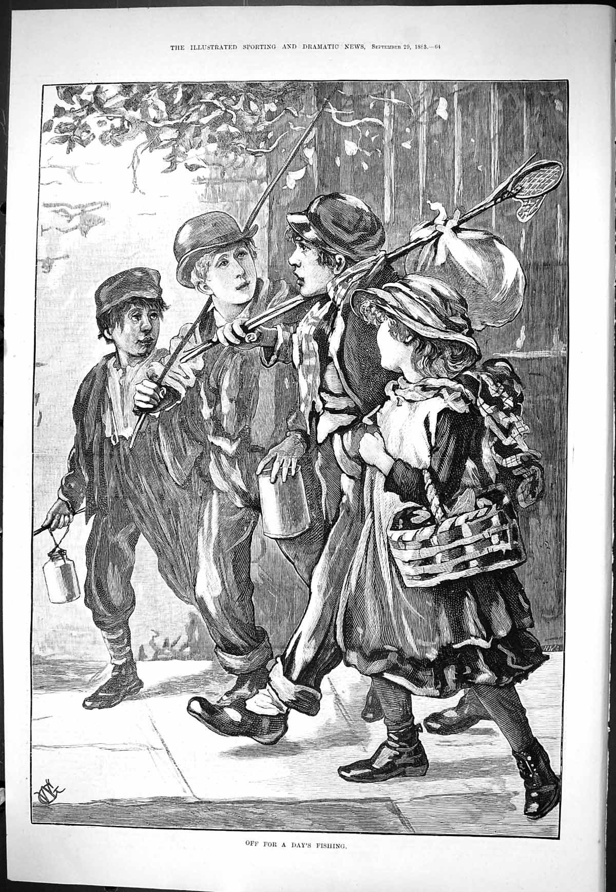 Old Print Sporting Dramatic News 1883 Children Off Fishing Sport Fine Art 19th
