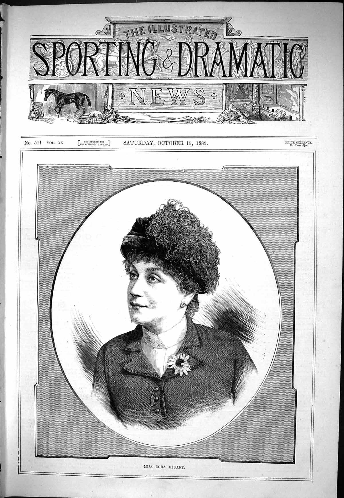 Antique Old Print Sporting Dramatic News 1883 Portrait Miss Cora Stuart Lady