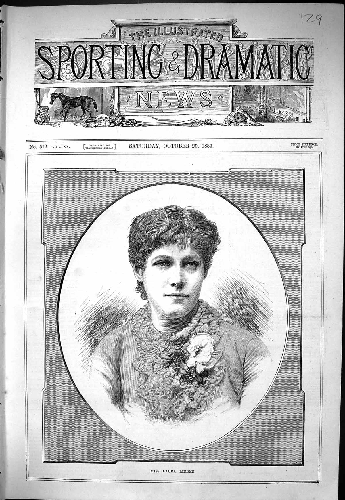 Antique Old Print Sporting Dramatic News 1883 Portrait Miss Laura Linden Lady