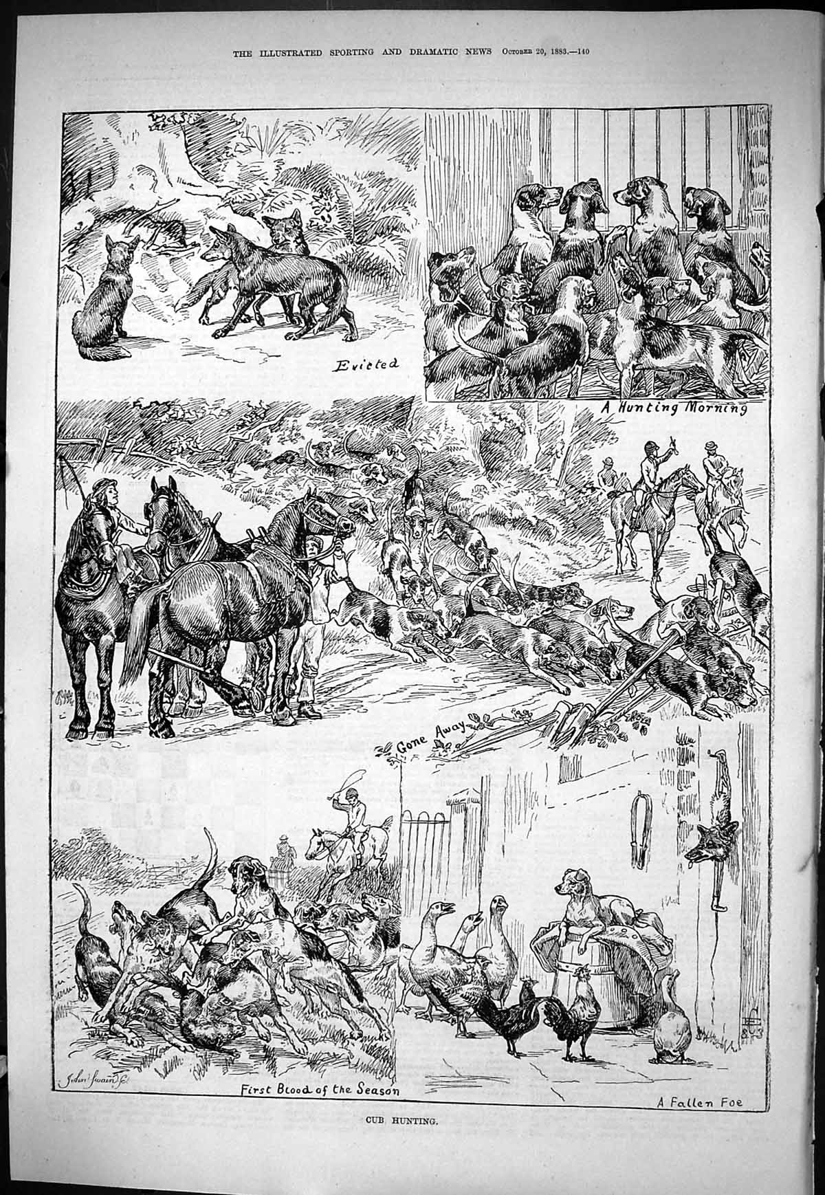 Old Sporting Dramatic News 1883 Fox Cub Hunting Sport Horses Hounds D Victorian