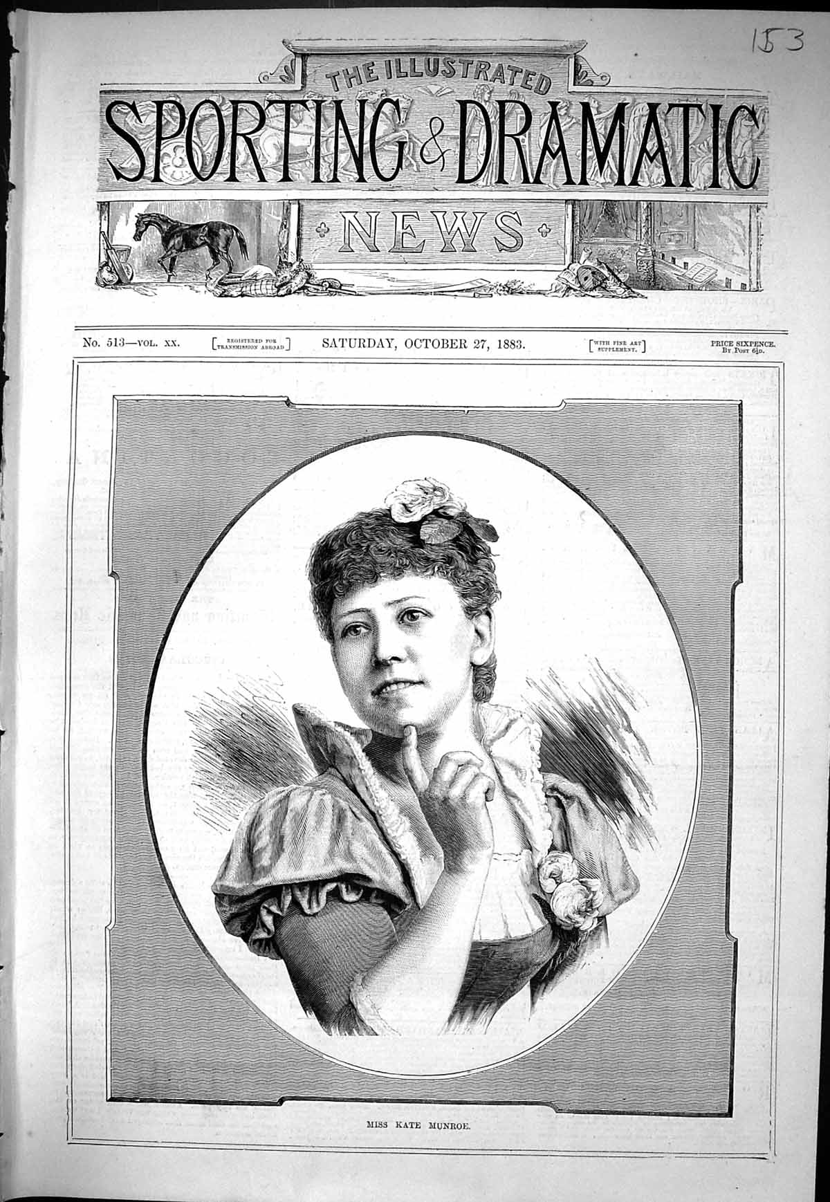Antique Old Print Sporting Dramatic News 1883 Portrait Miss Kate Munroe Lady