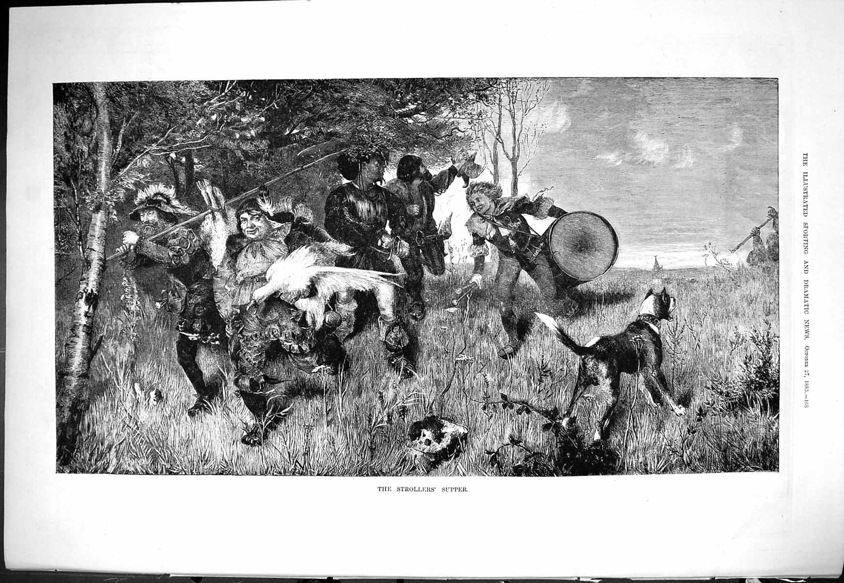 Old Sporting Dramatic News 1883 Strollers Supper Hunting Dog Birds Fi Victorian