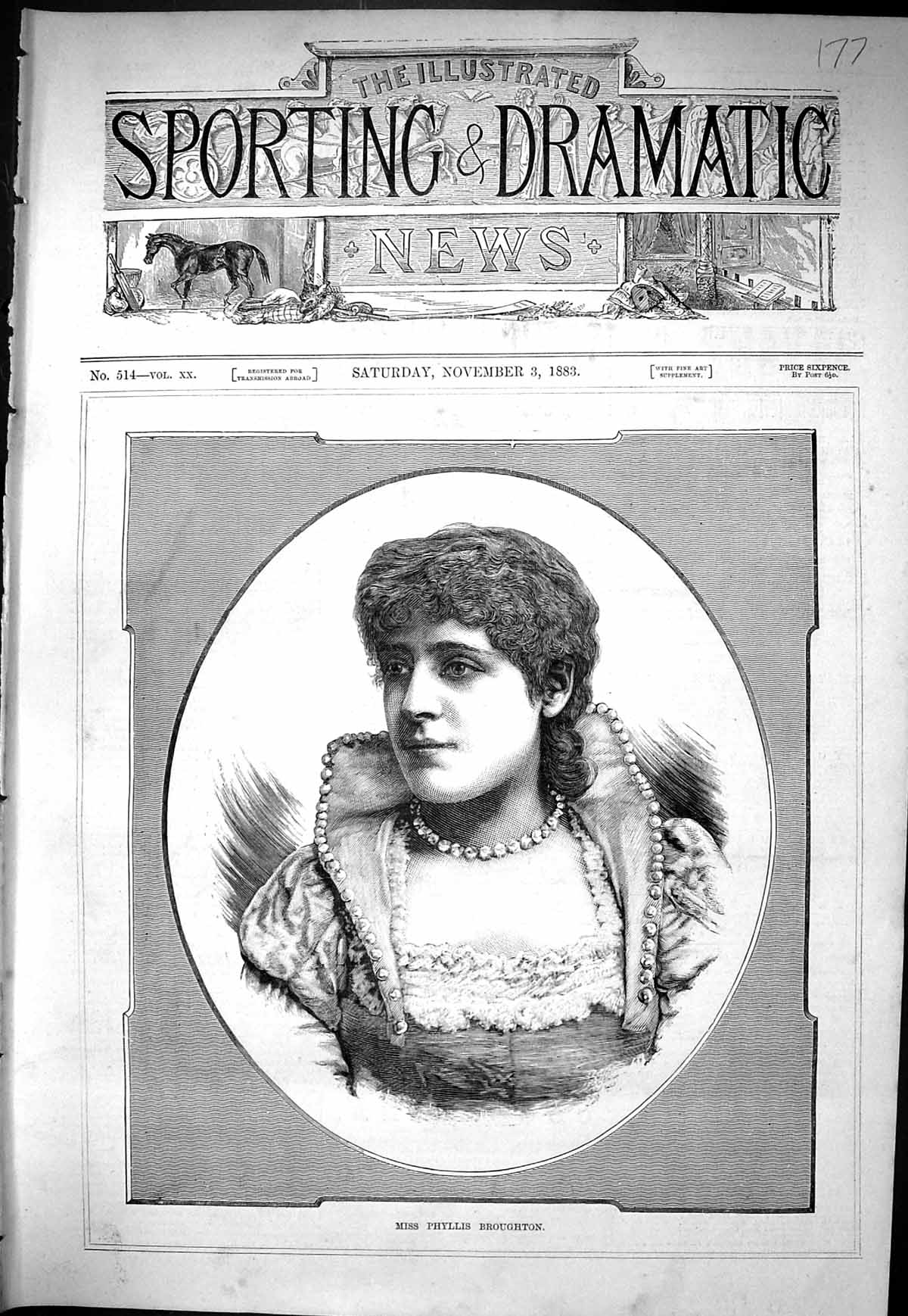 Old Antique Print Sporting Dramatic News 1883 Miss Phyllis Broughton Lady 19th