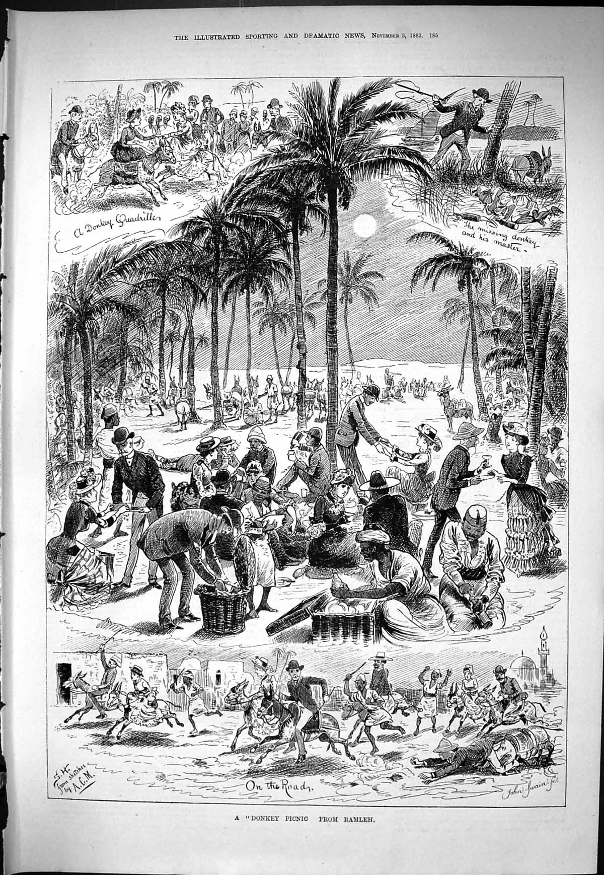 Old Sporting Dramatic News 1883 Donkey Picnic Ramleh Food Animals Swa Victorian