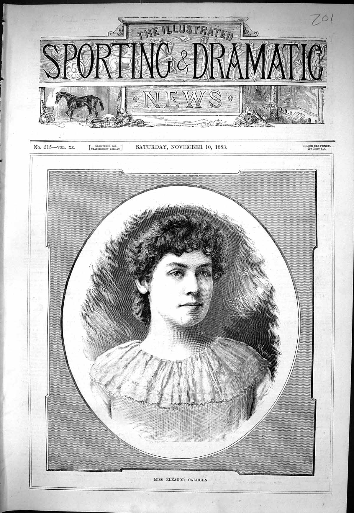 Old Print Sporting Dramatic News 1883 Portrait Miss Eleanor Calhoun Lady 19th
