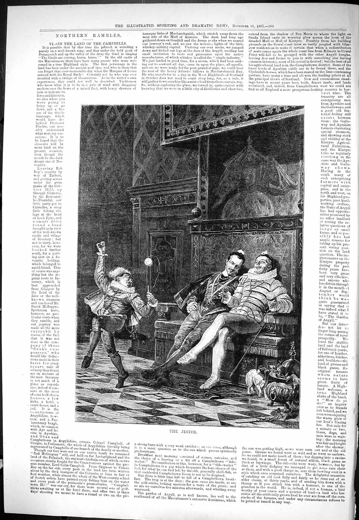 Antique Old Print Sporting Dramatic News 1883 Jester Men Entertainment Dog 19th