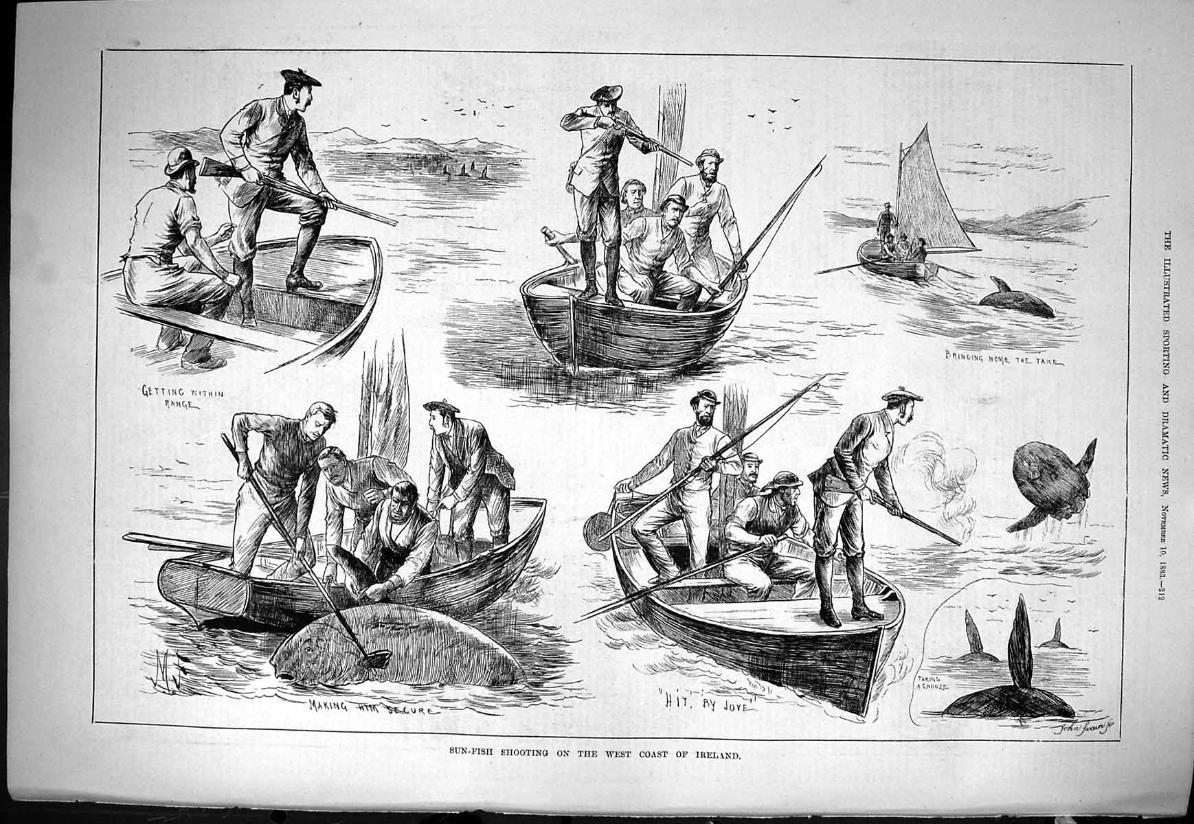 Old Sporting Dramatic News 1883 Sun Fish Shooting Ireland Fishermen A Victorian