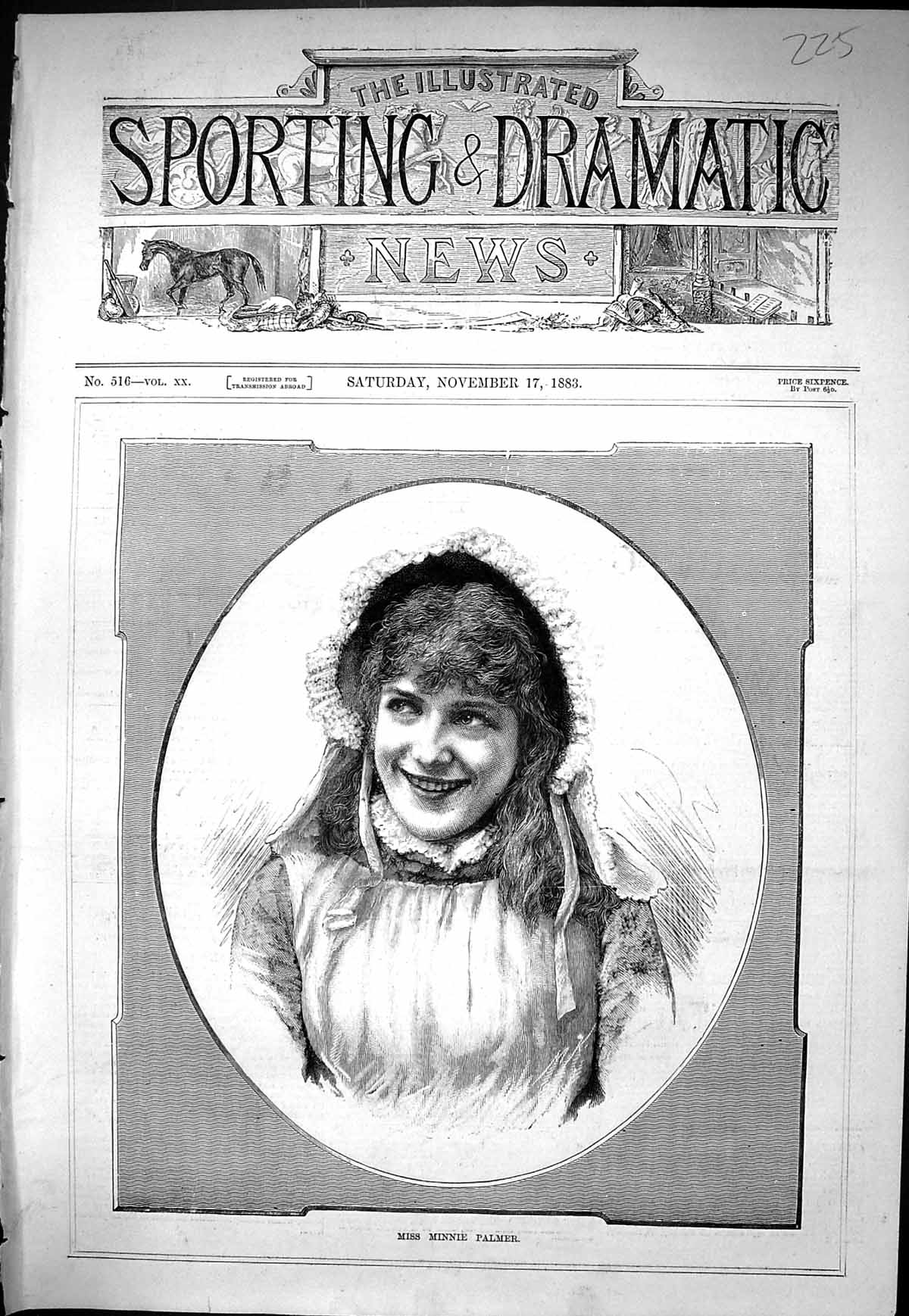 Antique Old Print Sporting Dramatic News 1883 Miss Minnie Palmer Young Girl