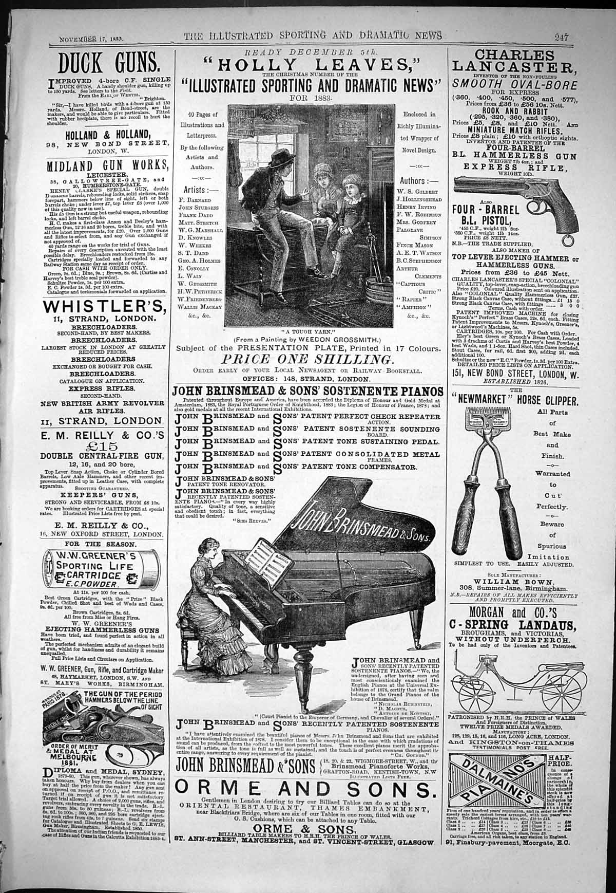 Antique Print Sporting Dramatic News 1883 Duck Guns Holly Leaves Brinsmead 19th