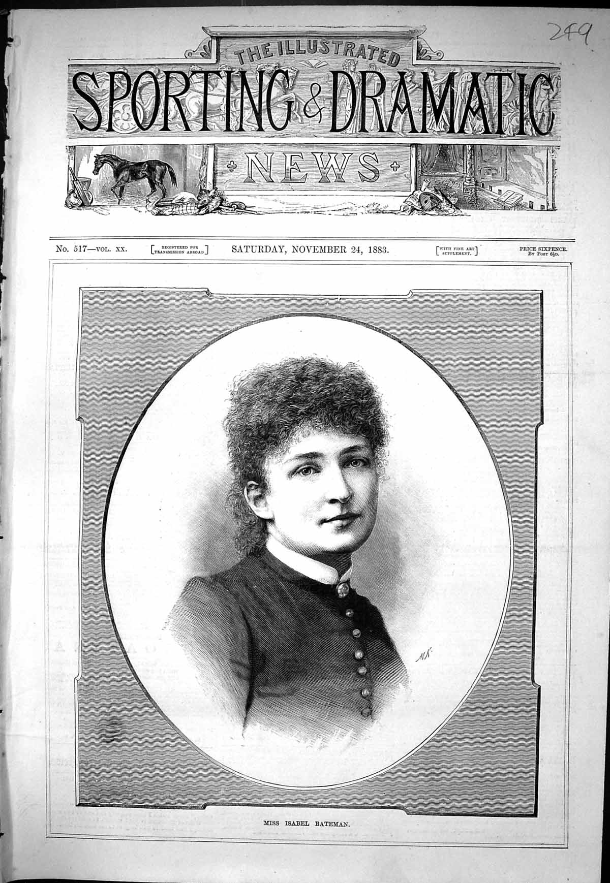 Antique Print Sporting Dramatic News 1883 Portrait Miss Isabel Bateman Lady
