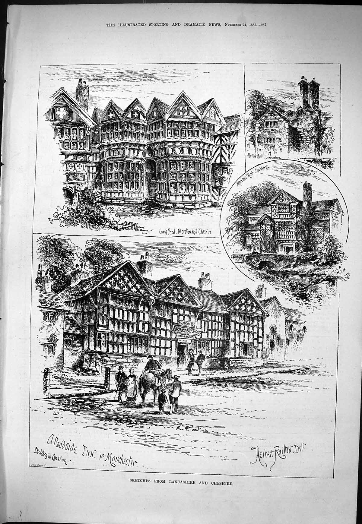 Antique Print Moreton Hall Roadside Inn Boars Head Mytton 1883 Lancashire C