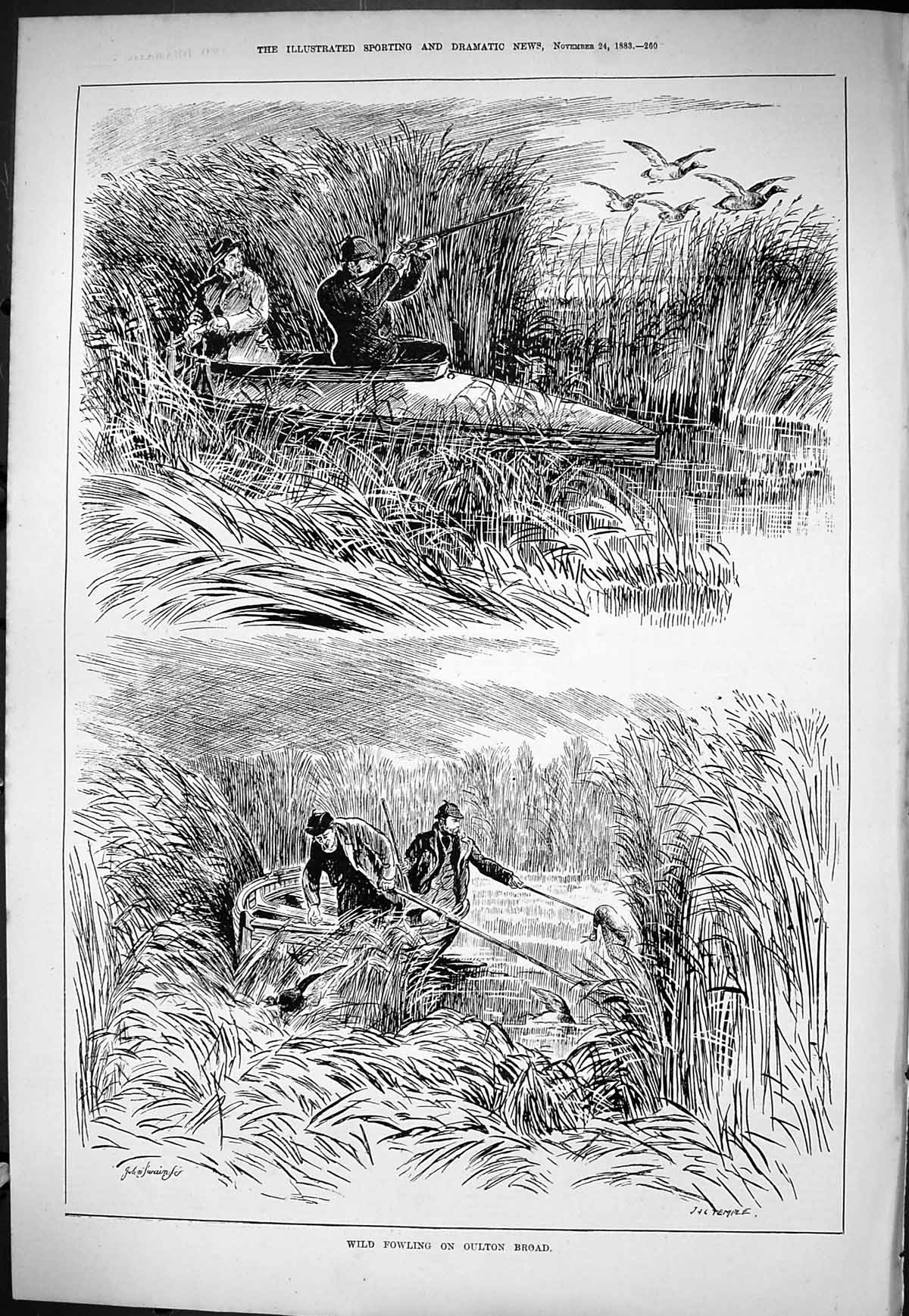 Old Sporting Dramatic News 1883 Wild Fowling Oulton Broad Birds Shoot Victorian
