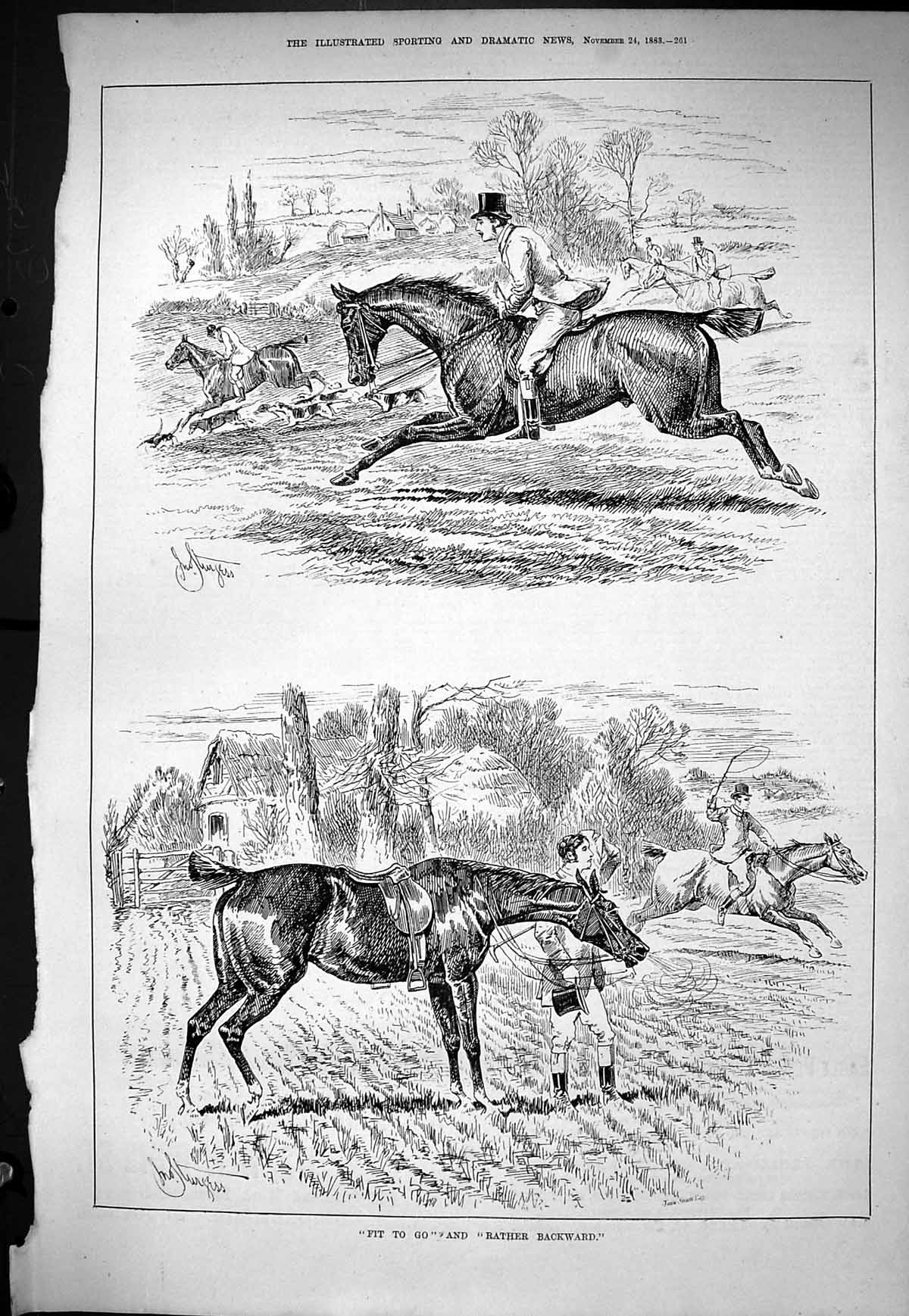 Old *6132 Sporting Dramatic News 1883 Horses Hunting Sport Huntsmen S