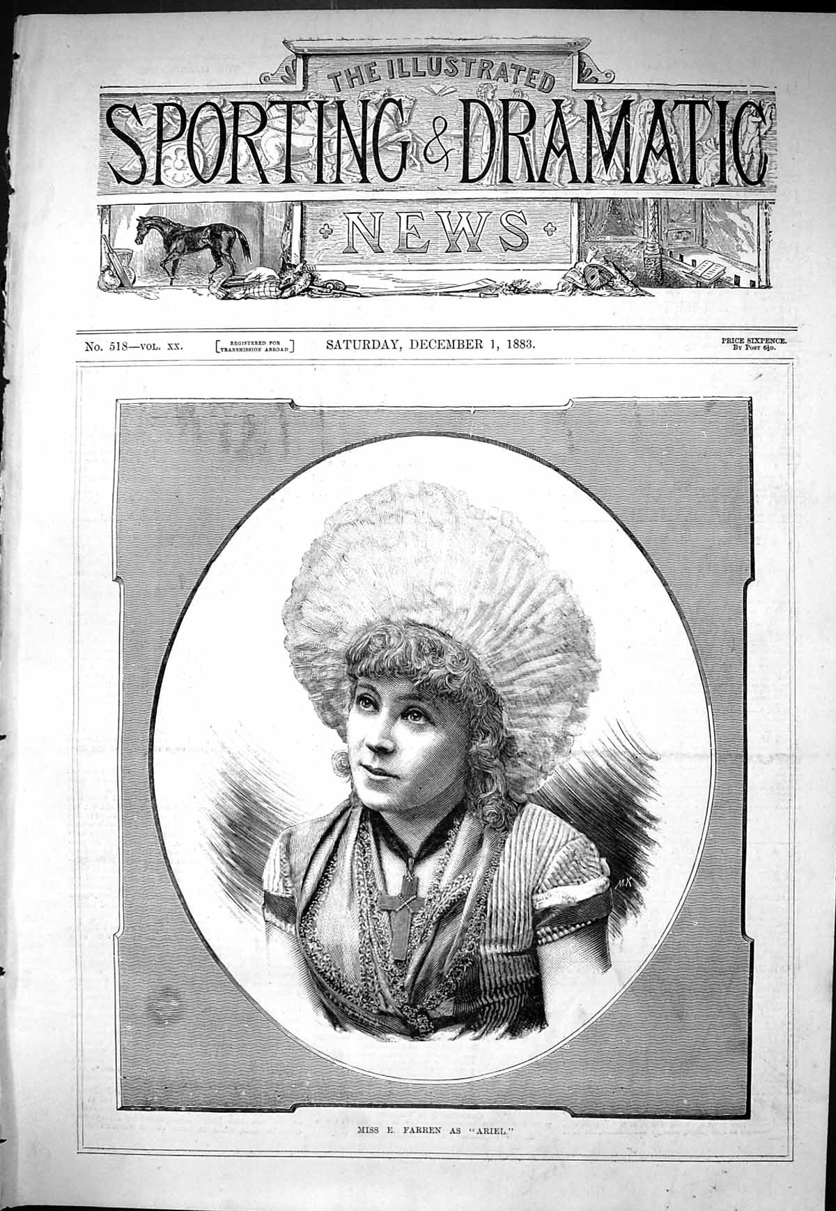 Old Print Sporting Dramatic News 1883 Portrait Miss Farren Ariel Actress 19th