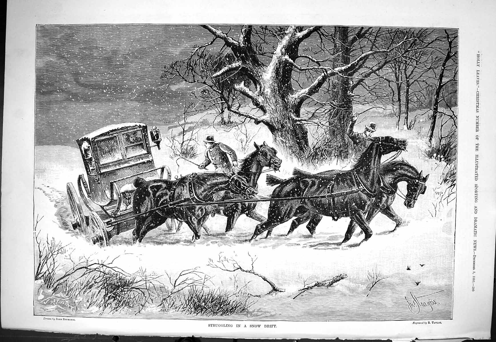 Old Sporting Dramatic News 1883 Horses Struggling Snow Drift Coach Fi Victorian