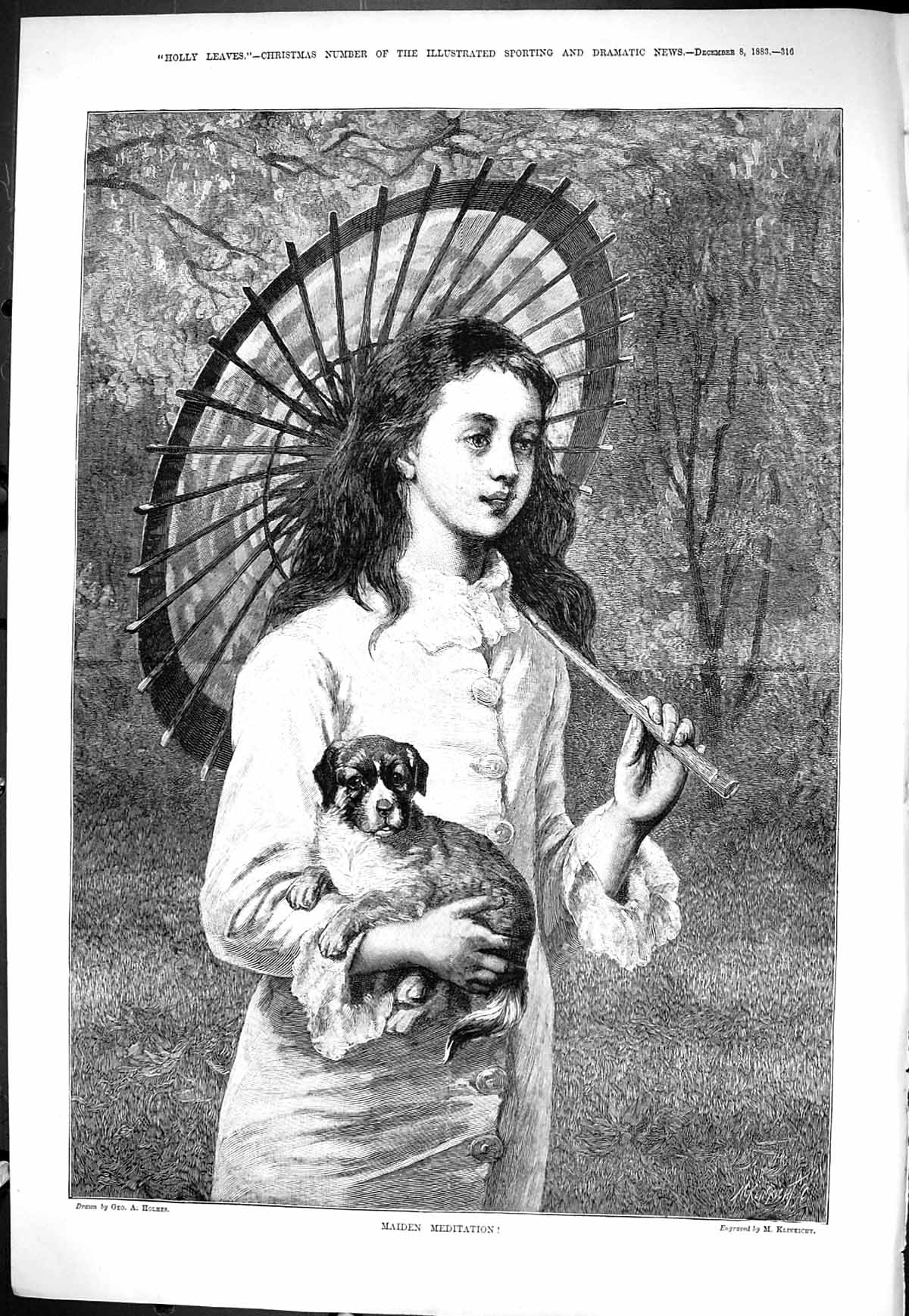 Antique Old Print Sporting Dramatic News 1883 Beautiful Girl Puppy Dog Holmes
