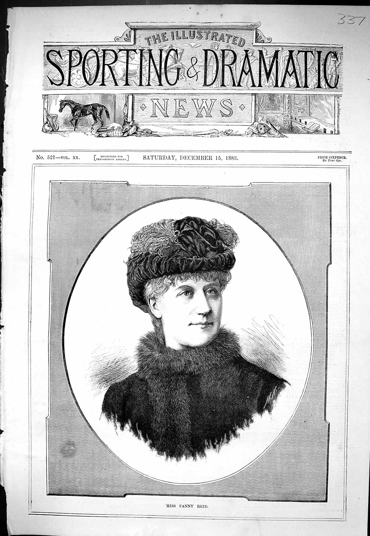 Old Antique Print Sporting Dramatic News 1883 Miss Fanny Reid Lady Woman 19th