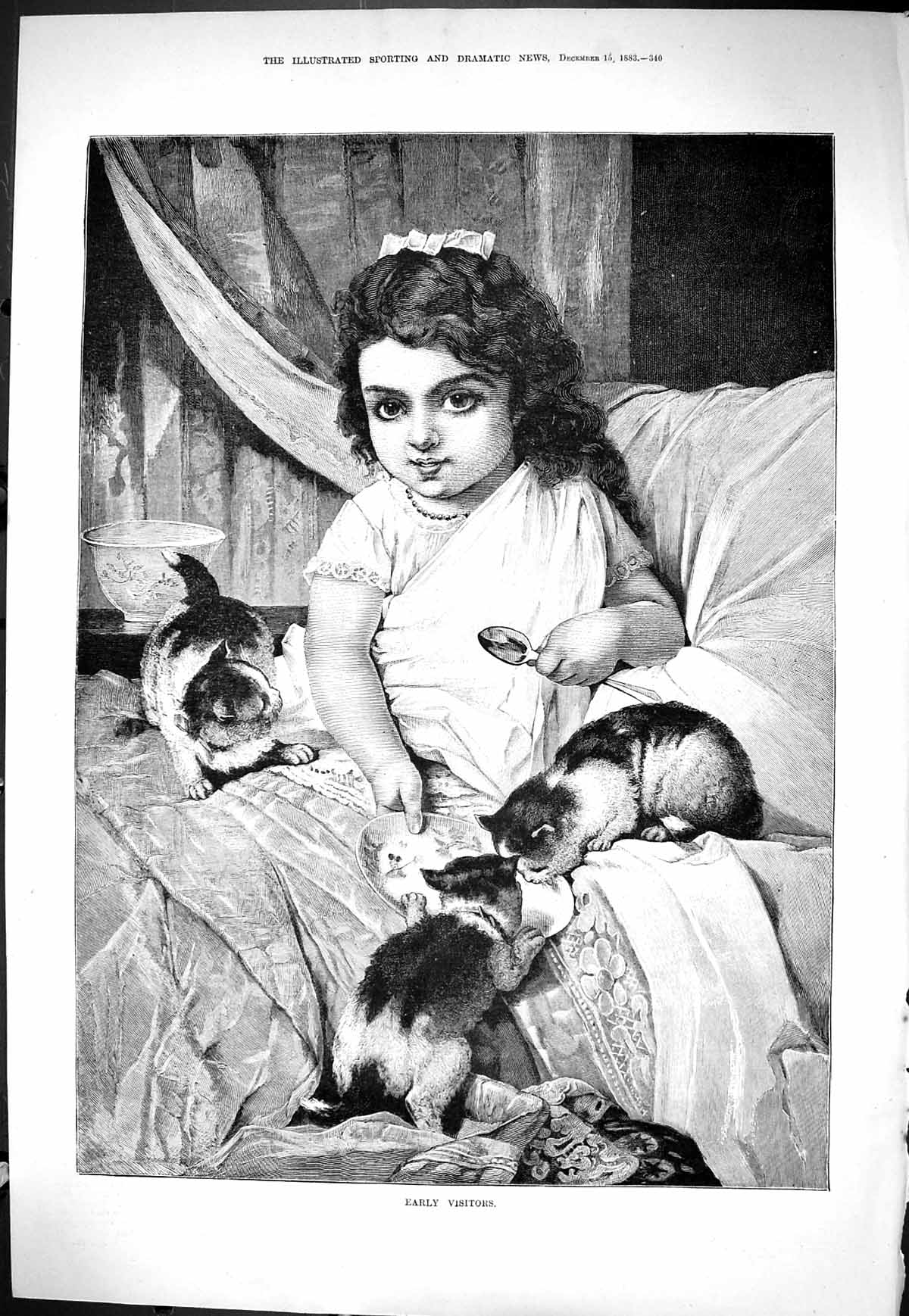 Old Sporting Dramatic News 1883 Early Visitors Little Girl Kitten Cat Victorian