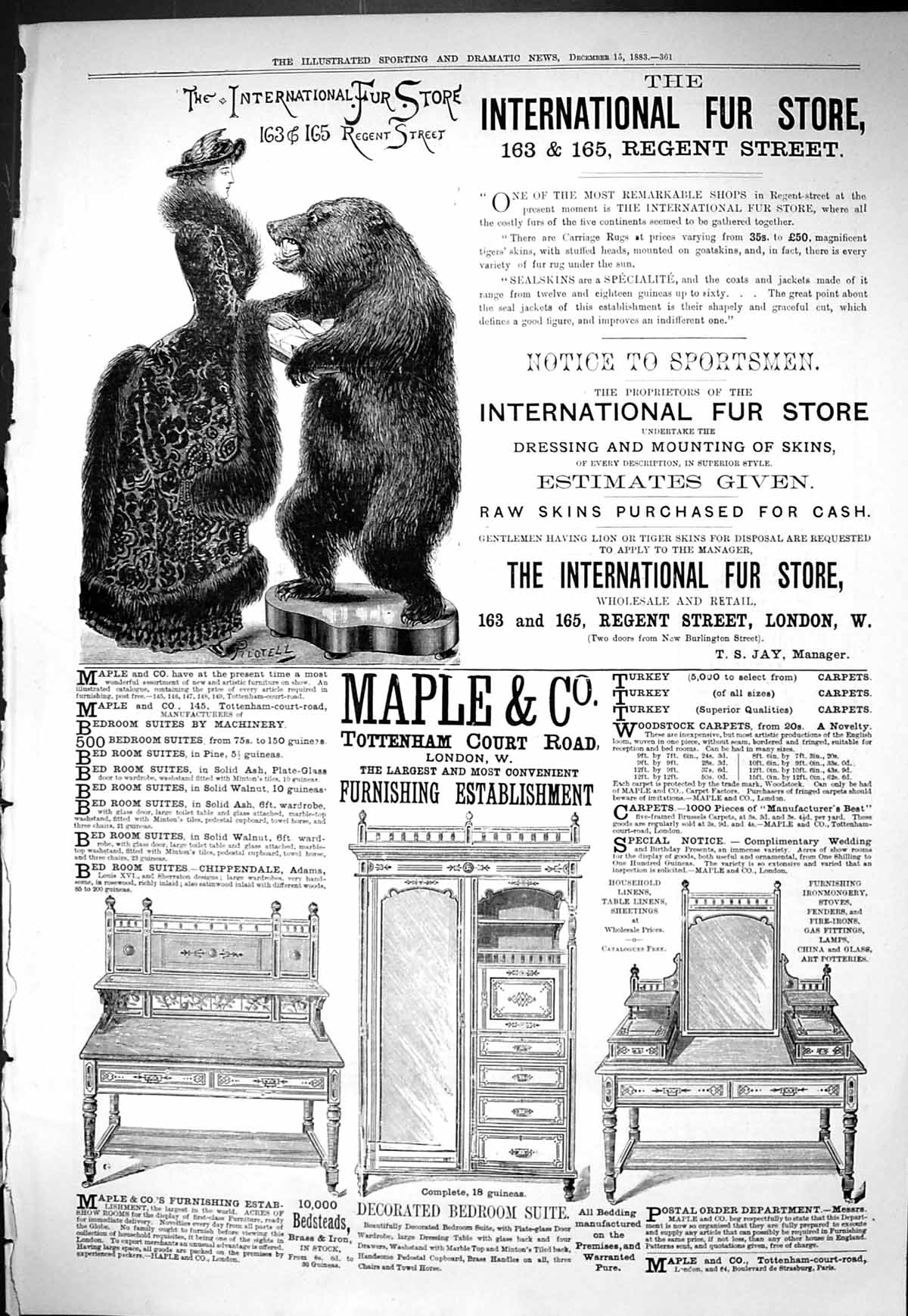 Antique Old Print Sporting Dramatic News 1883 International Fur Store Maple
