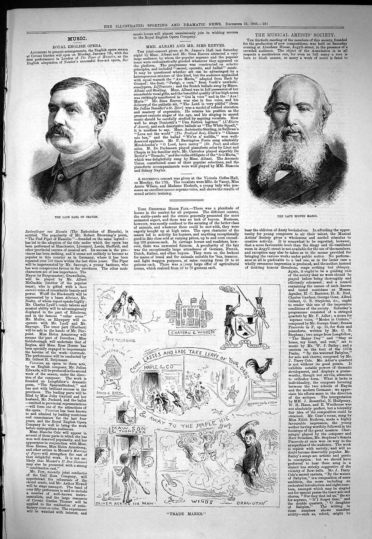 Old Sporting Dramatic News 1883 Earl Craven Signor Mario Trade Marks Victorian