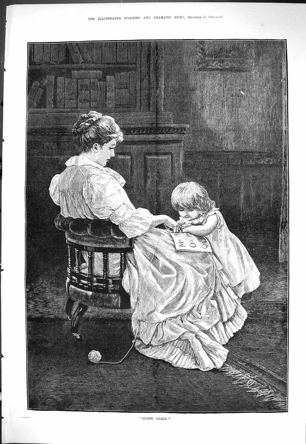 Old Sporting Dramatic News 1883 Guess Again Little Girl Mother Readin Victorian