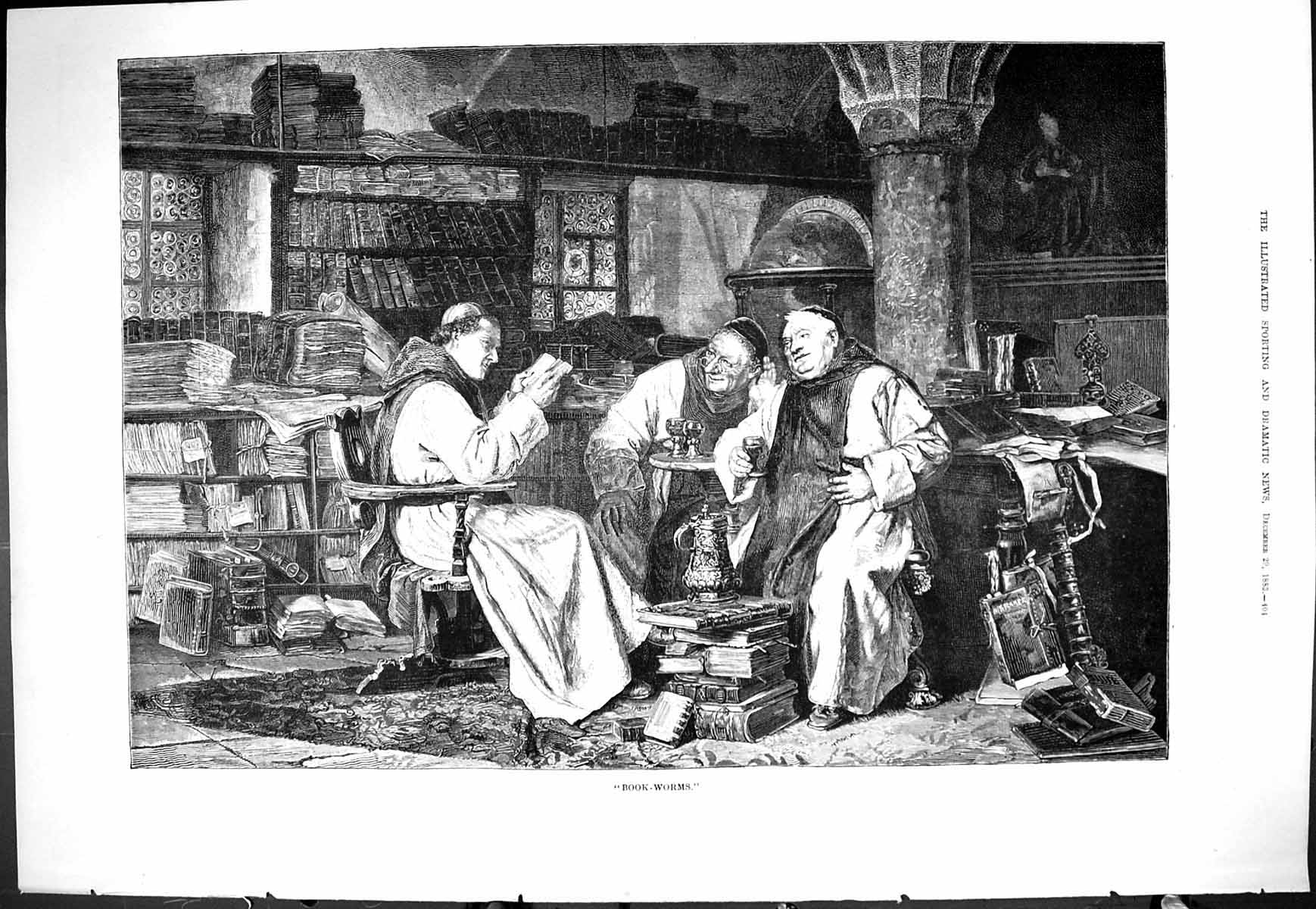Old Print Sporting Dramatic News 1883 Book Worms Priests Reading Fine Art 19th