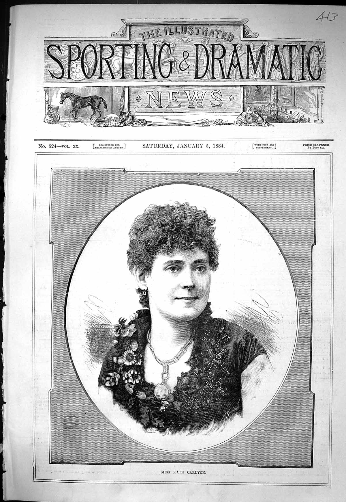 Antique Old Print Sporting Dramatic News 1884 Portrait Miss Kate Carlyon Lady