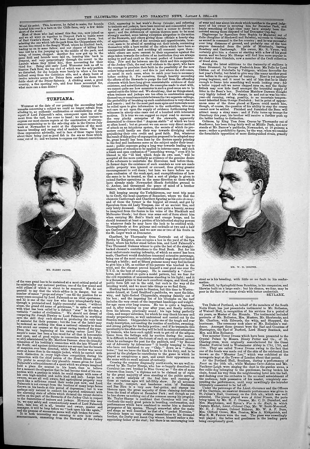 Antique Old Print Sporting Dramatic News 1884 Portrait Mr Harry Payne Bolton