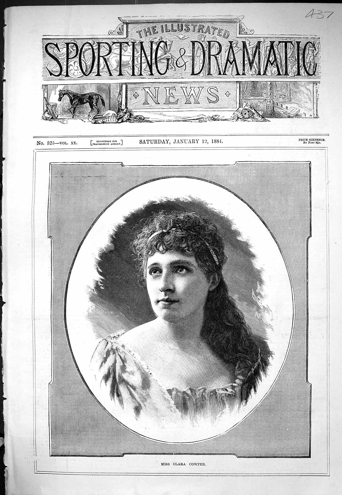 Antique Old Print Sporting Dramatic News 1884 Portrait Miss Clara Cowper Lady