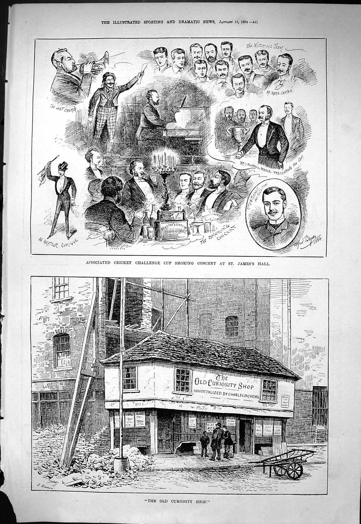 Antique Print 1884 Curiosity Shop Dickens Cricket Cup Smoking Concert James