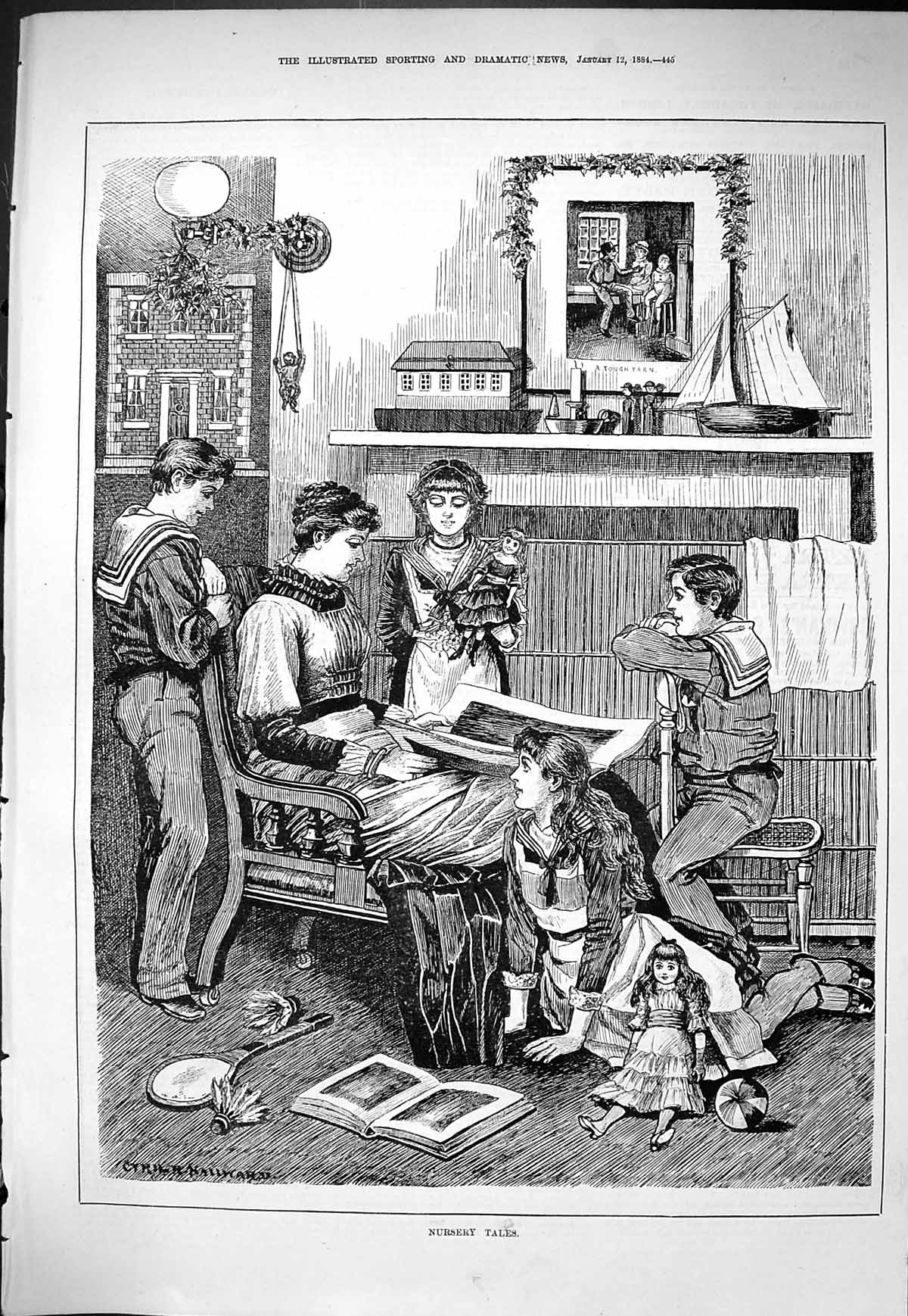 Old Sporting Dramatic News 1884 Nursery Tales Mother Children Reading Victorian