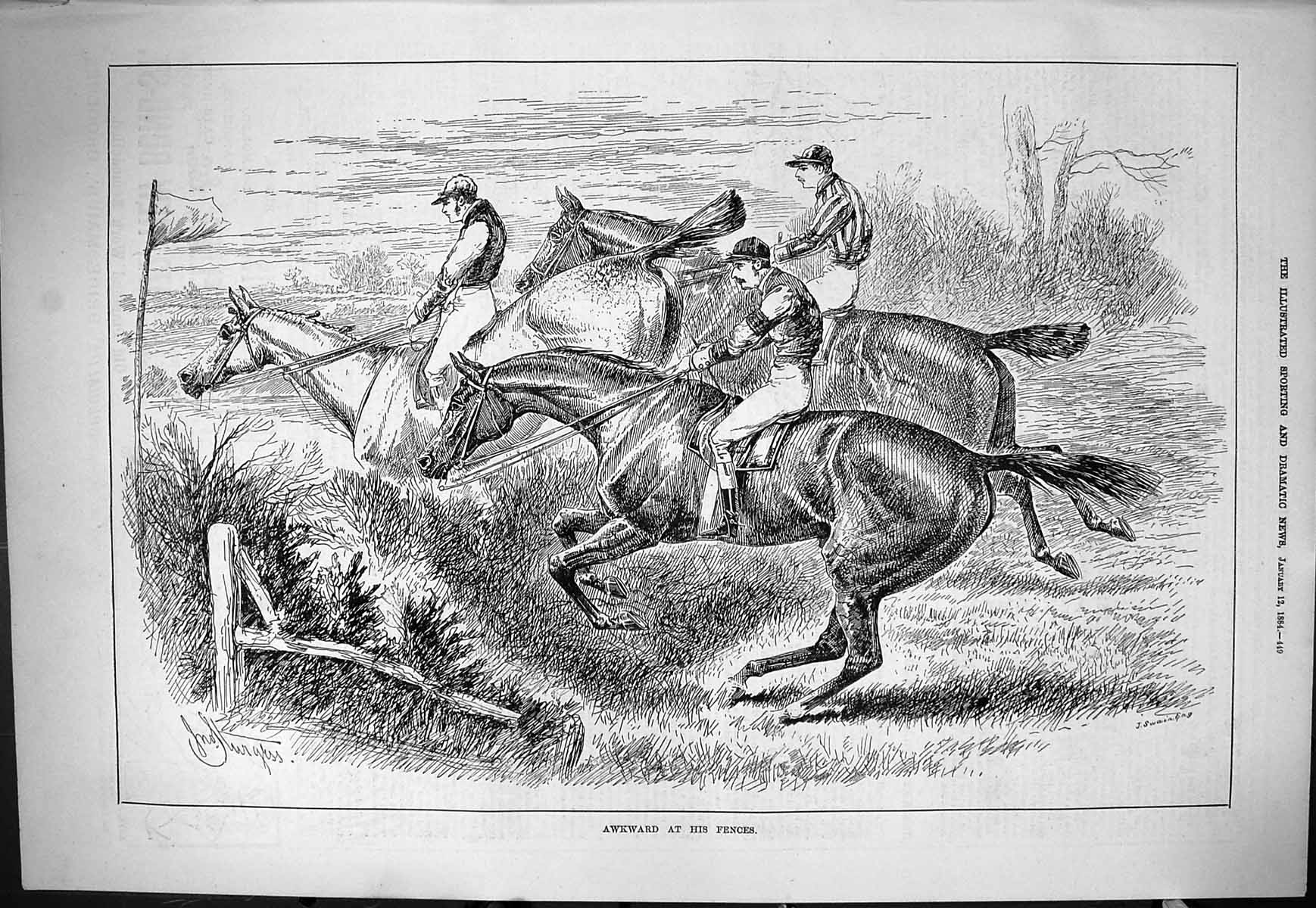 Old Sporting Dramatic News 1884 Awkward Fences Horse Jumping Jockeys Victorian