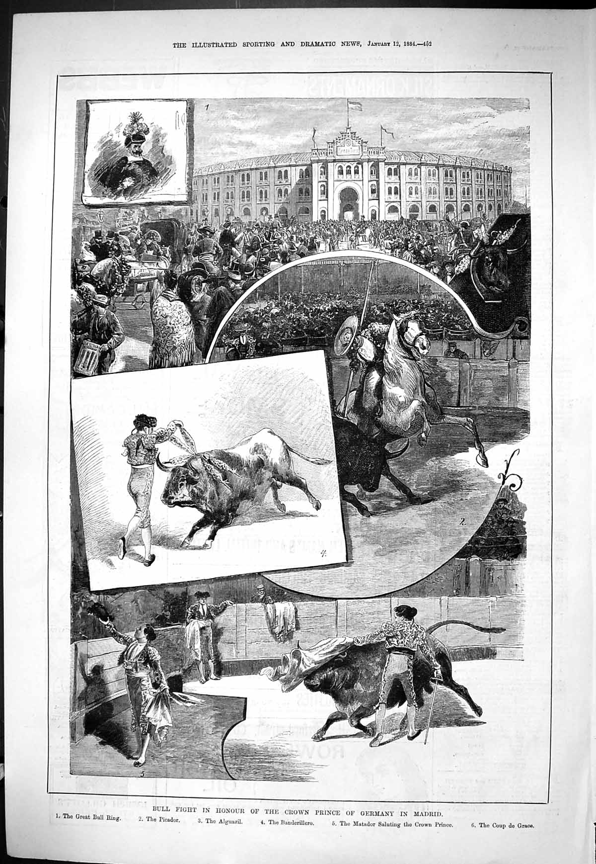Old 1884 Bull Fight Prince Germany Madrid Spain Picador Matador Coup Victorian